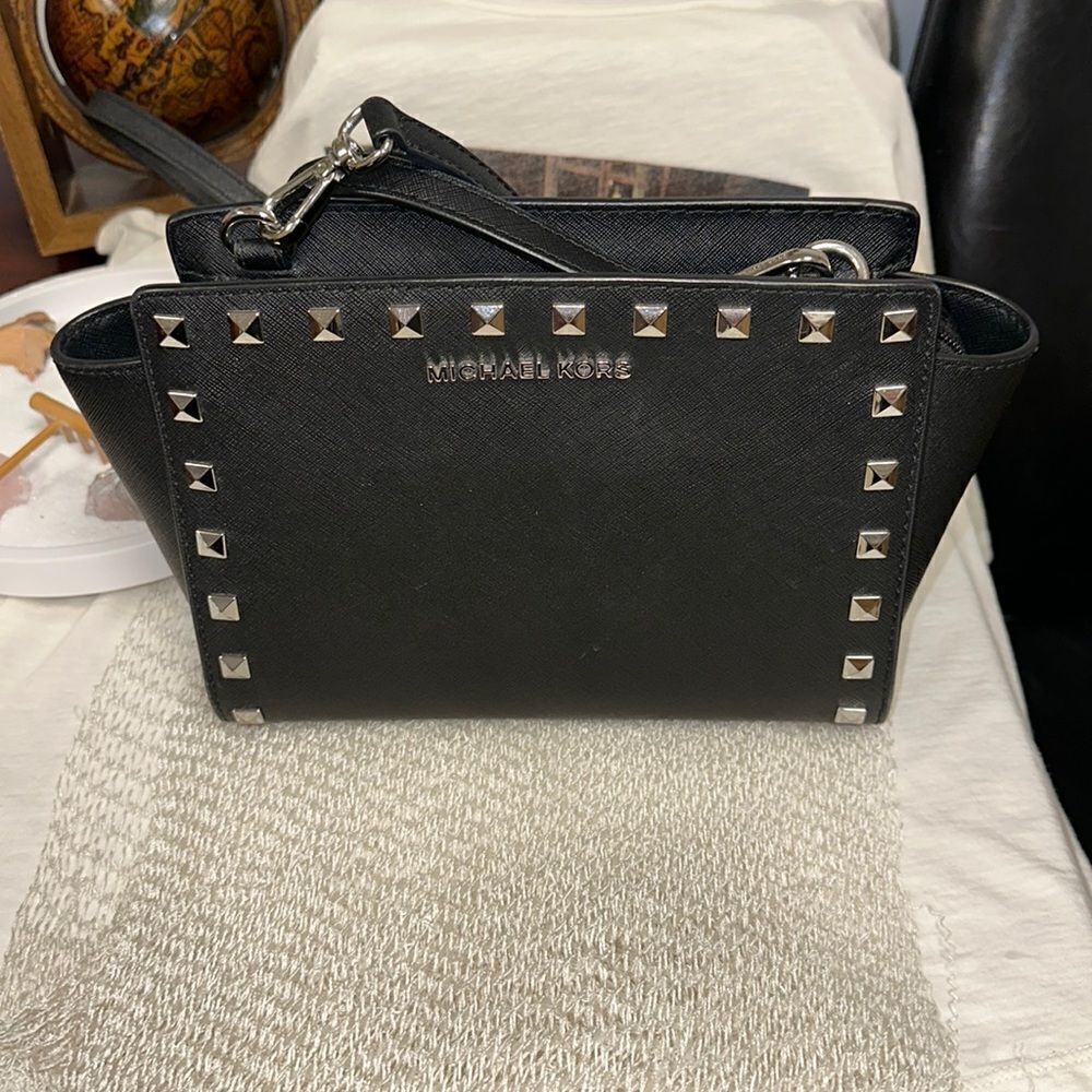 Michael Kors Black Crossgrain Leather Silver Tone Studded Small Crossbody Bag